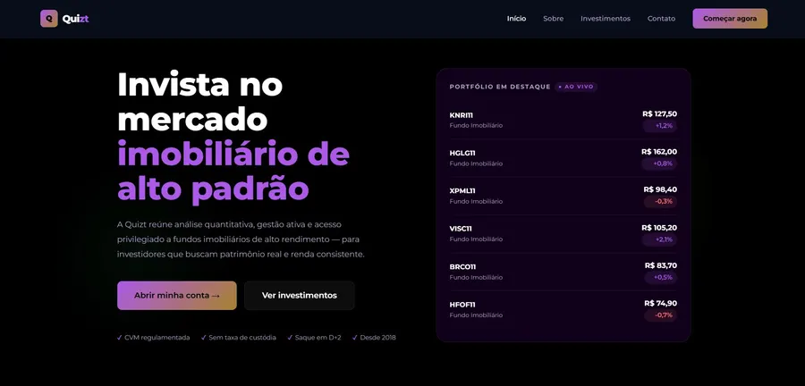 Sitio desarrollado para Quizt Investimentos
